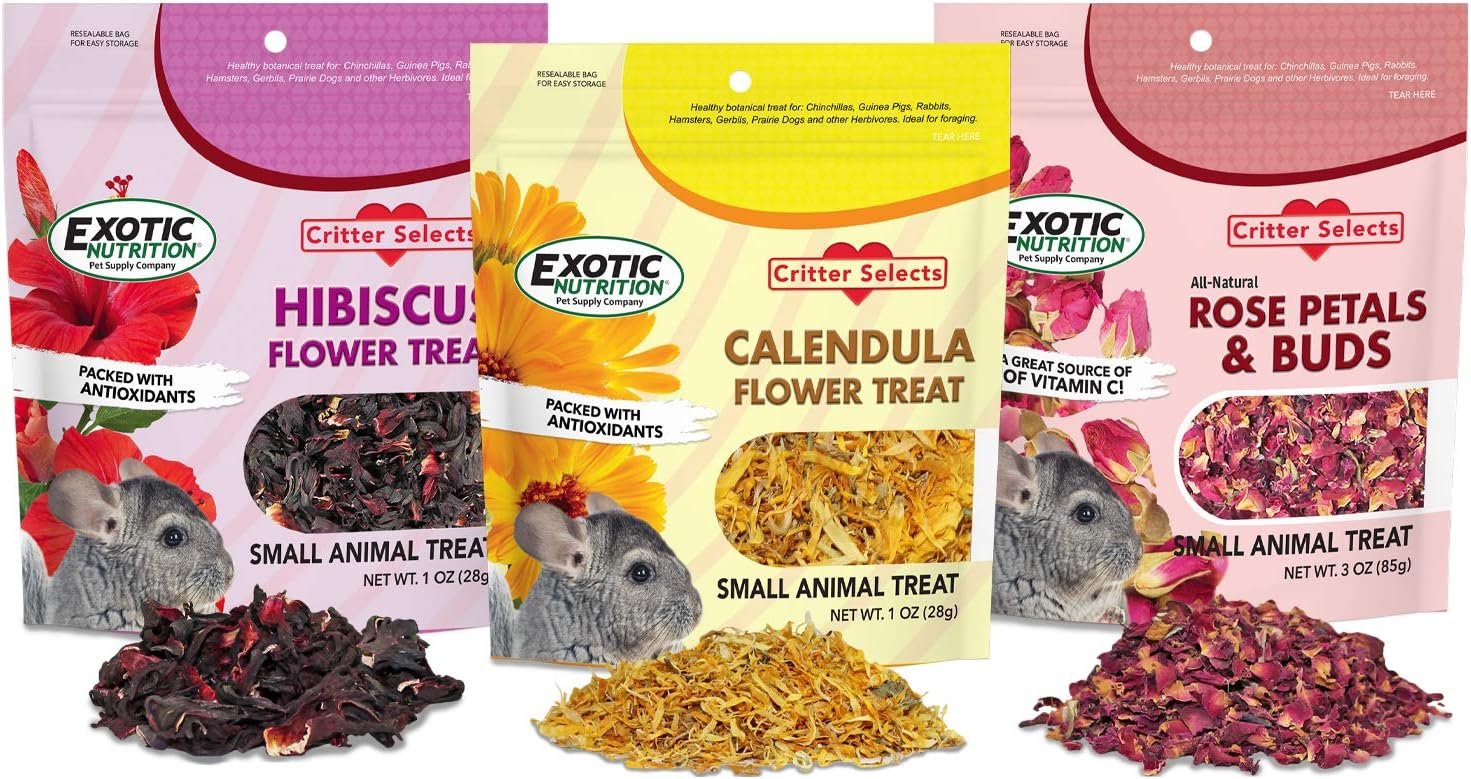 Exotic Nutrition Flower Treat 3 Pack – Healthy Assortment – Hibiscus, Calendula, Rose – for Squirrels, Guinea Pigs, Rabbits, Chinchillas, Prairie Dogs, Degus, Hamster, Gerbils, & Other Herbivores
