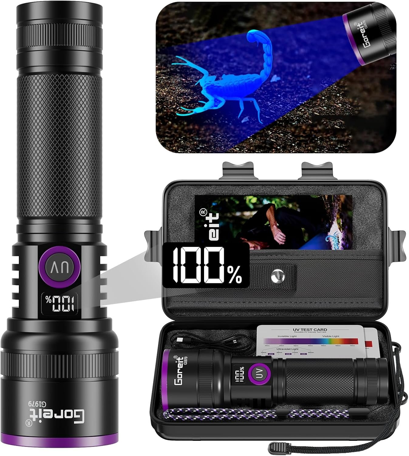 365nm Black Light UV Flashlight Rechargeable with Filter Lens & LCD Display