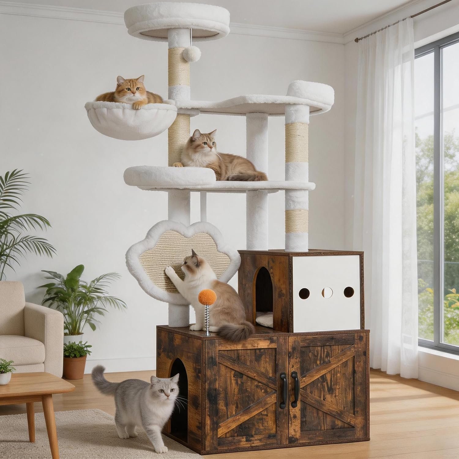 Heybly Cat Tree with Litter Box Enclosure, Modern 64″ Hidden Tower HCT105SR