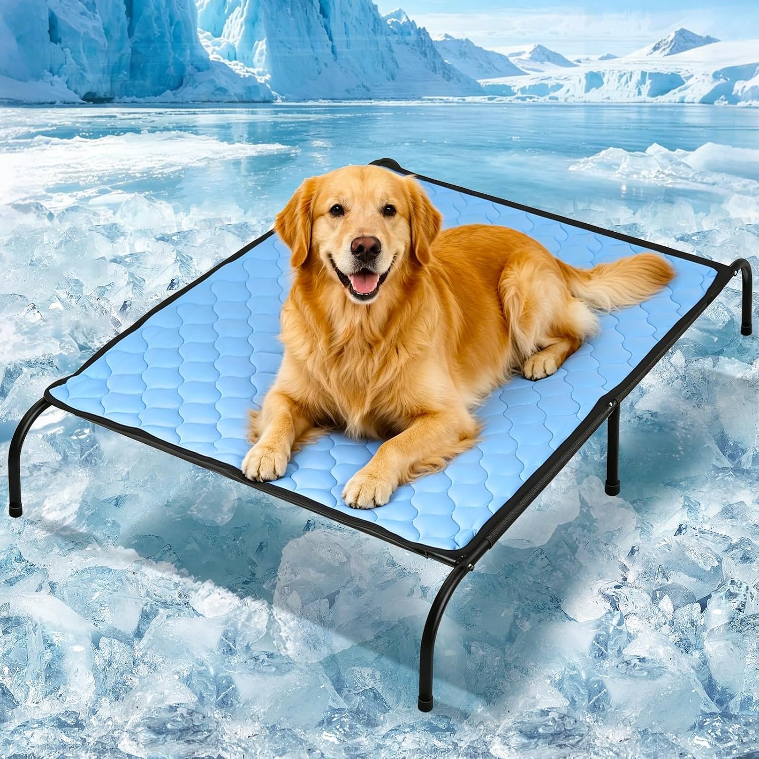 SZEE Elevated Dog Bed, Cooling Dog Cot Bed, Support Up to 100 LBS for Large Breeds, with Durable Steel Frame, Reversible Ice Silk Mat & Sturdy Teslin Mesh, Outdoor & Indoor All-Season Use – L