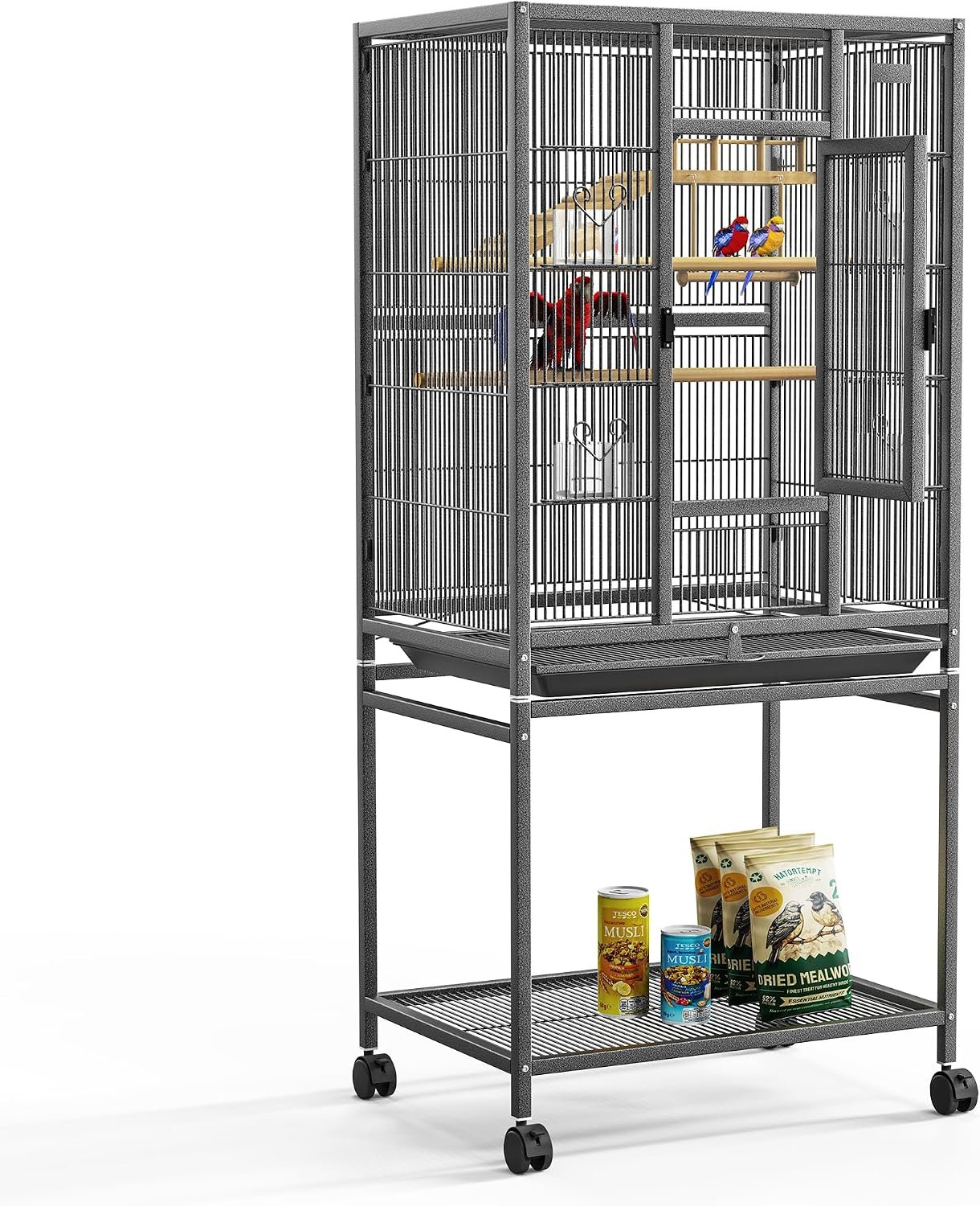 54″ Large Bird Cage with Wheels, Durable Wrought Iron Parakeet Cage with Slide Out Tray, Black Bird Cages with Feeding Cups, Wooden Platform, Swing & Perches, for Lovebird, Cockatiels, Budgies