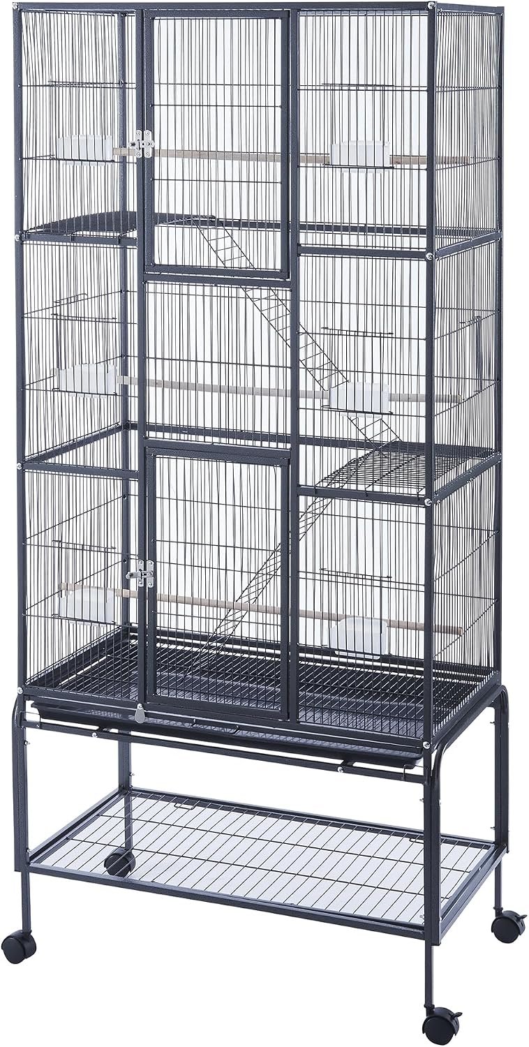 69″ Wrought Iron Extra Large Bird Flight Cage with Rolling Stand for Budgie Parakeet Conure 32″ L x 18″ W x 69″ H
