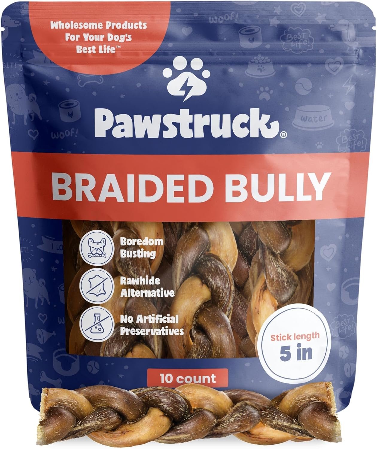 Pawstruck 5″ Braided Bully Sticks 100% Natural, Long Lasting, 10 Count