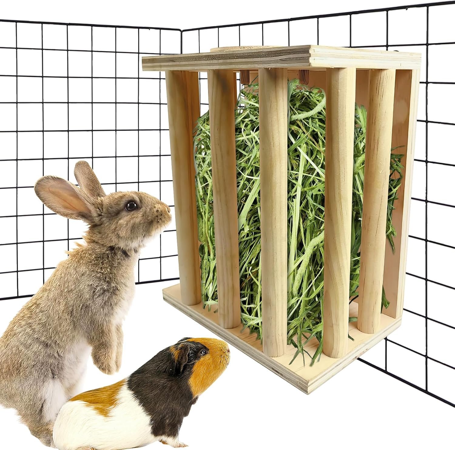 kathson Rabbit Hay Feeder Wooden Bunny Hay Rack Guinea Pig Hay Holder Chinchilla Hay Manger for Hamster Ferrets Squirrel and Other Small Animals