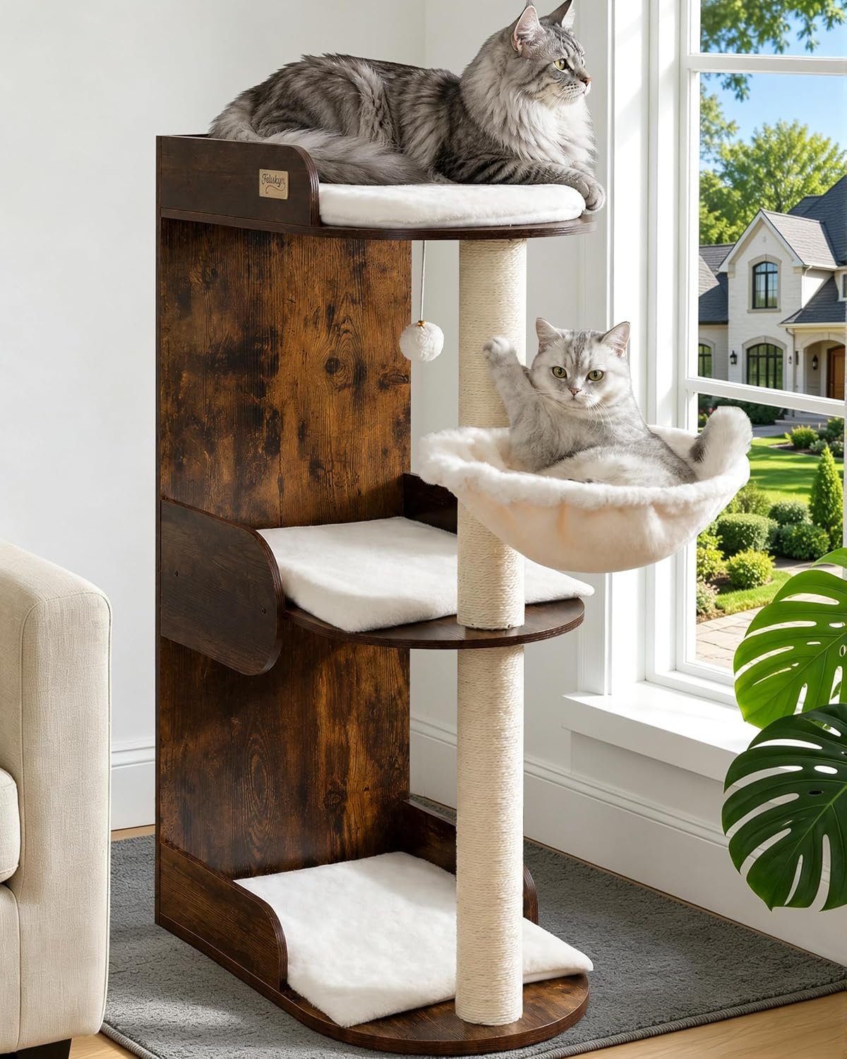 44.8in Modern Wood Cat Tree Tower for Indoor Large Cats with Perch