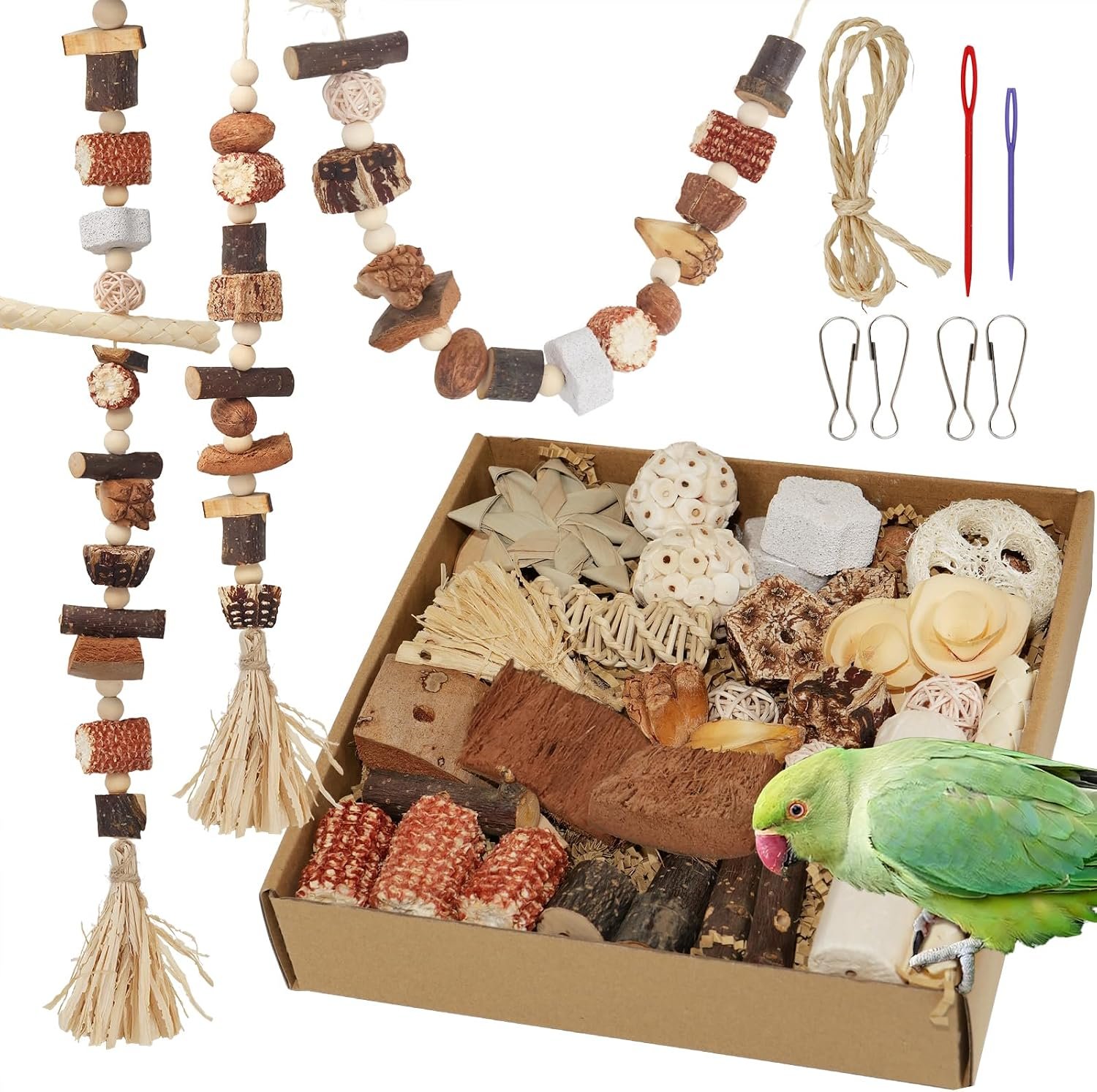 Bird Toys Natural Parrot Foraging Box with DIY Hanging String