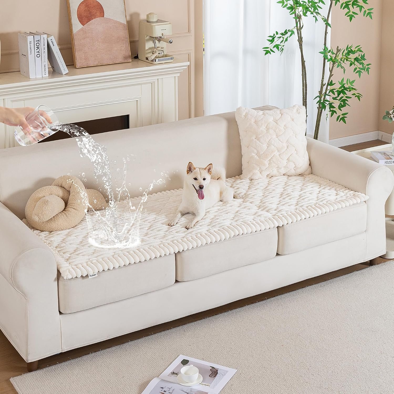 PuTian 100% Waterproof Fuzzy Couch Cover for Dogs White 27.6″x59″