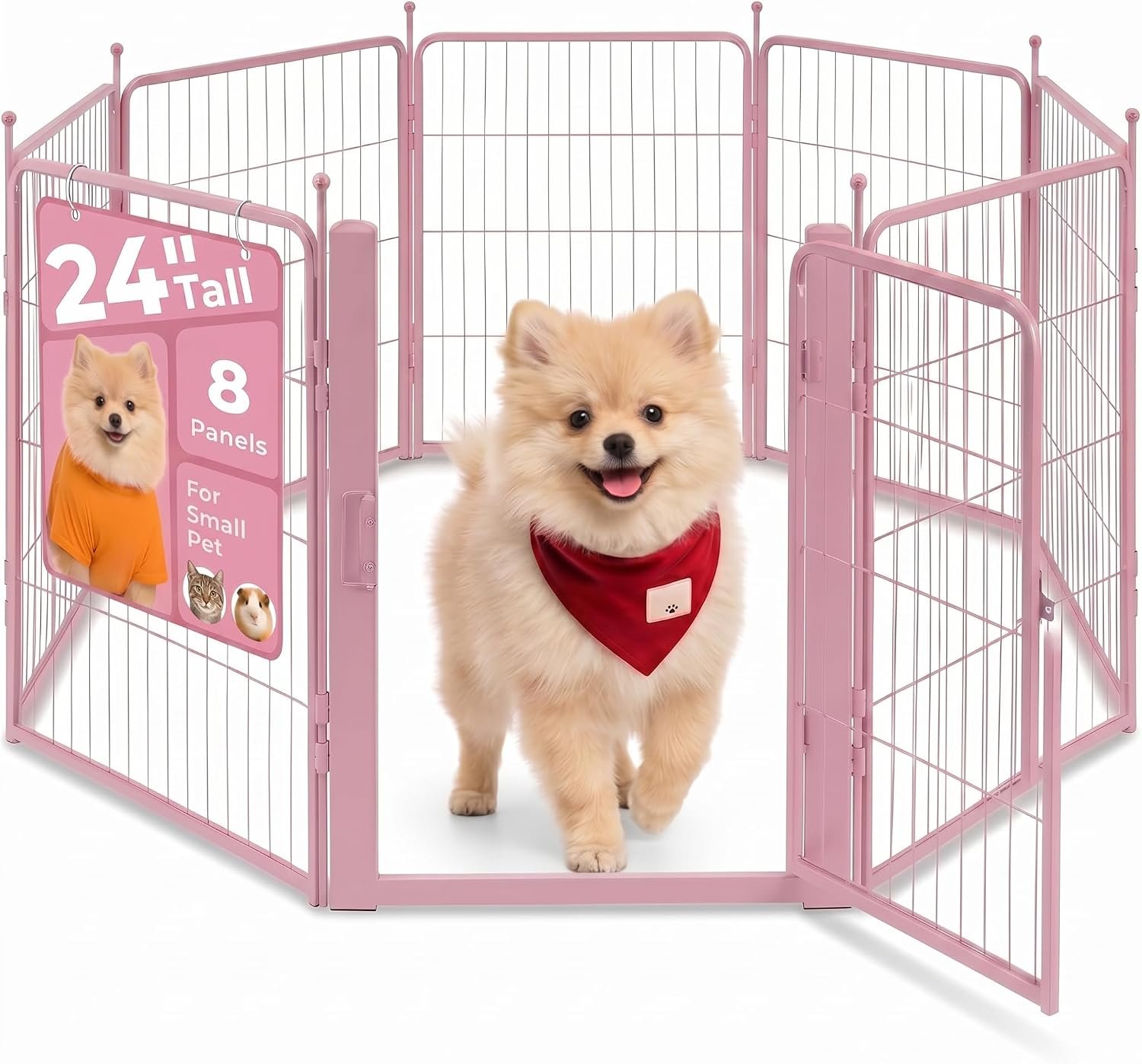 24″ Pink Dog Playpen, 8-Panel Heavy Duty Metal Square Tube Puppy Pen