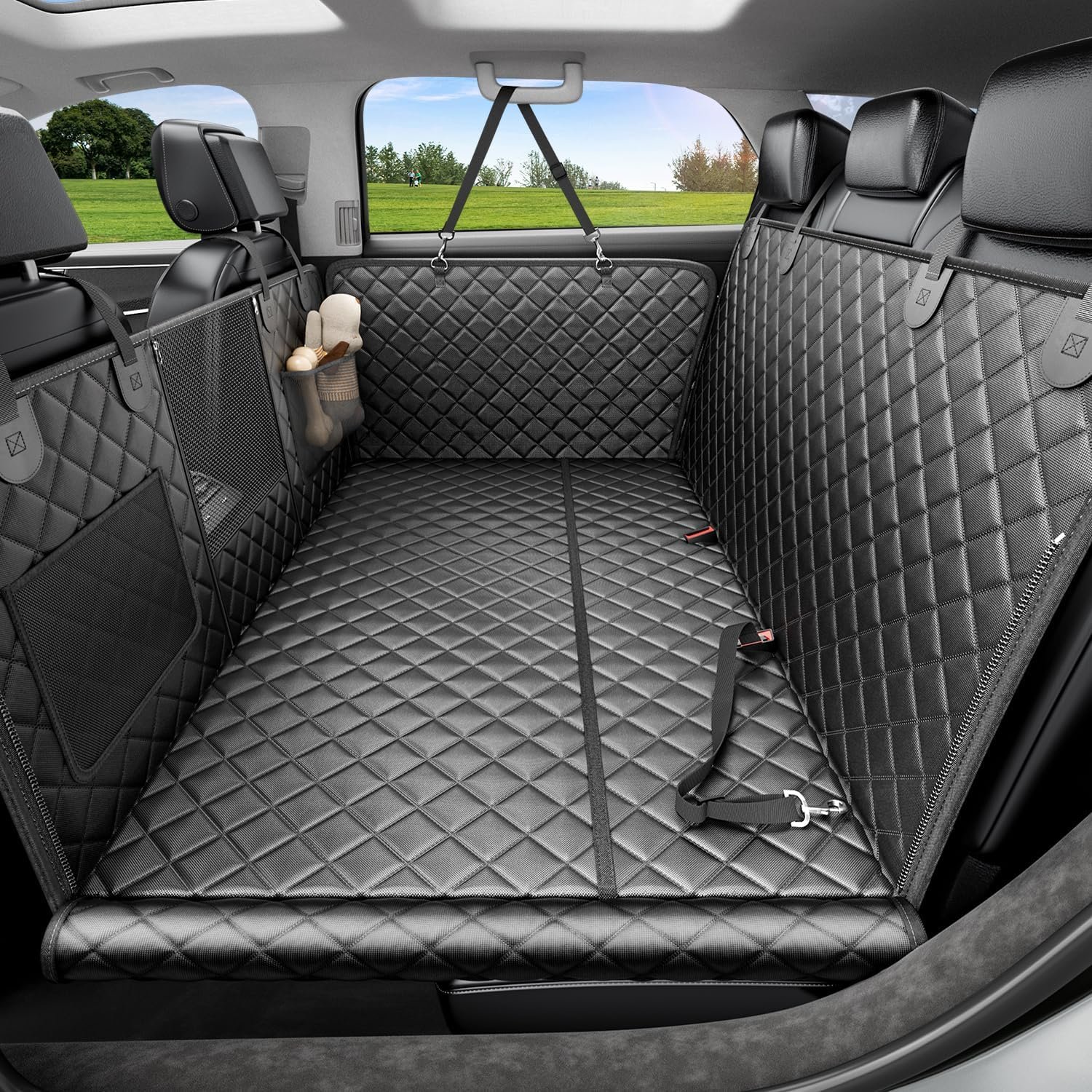 REEVAA Dog Car Seat Cover for Back Seat, Hard Bottom, L, Black