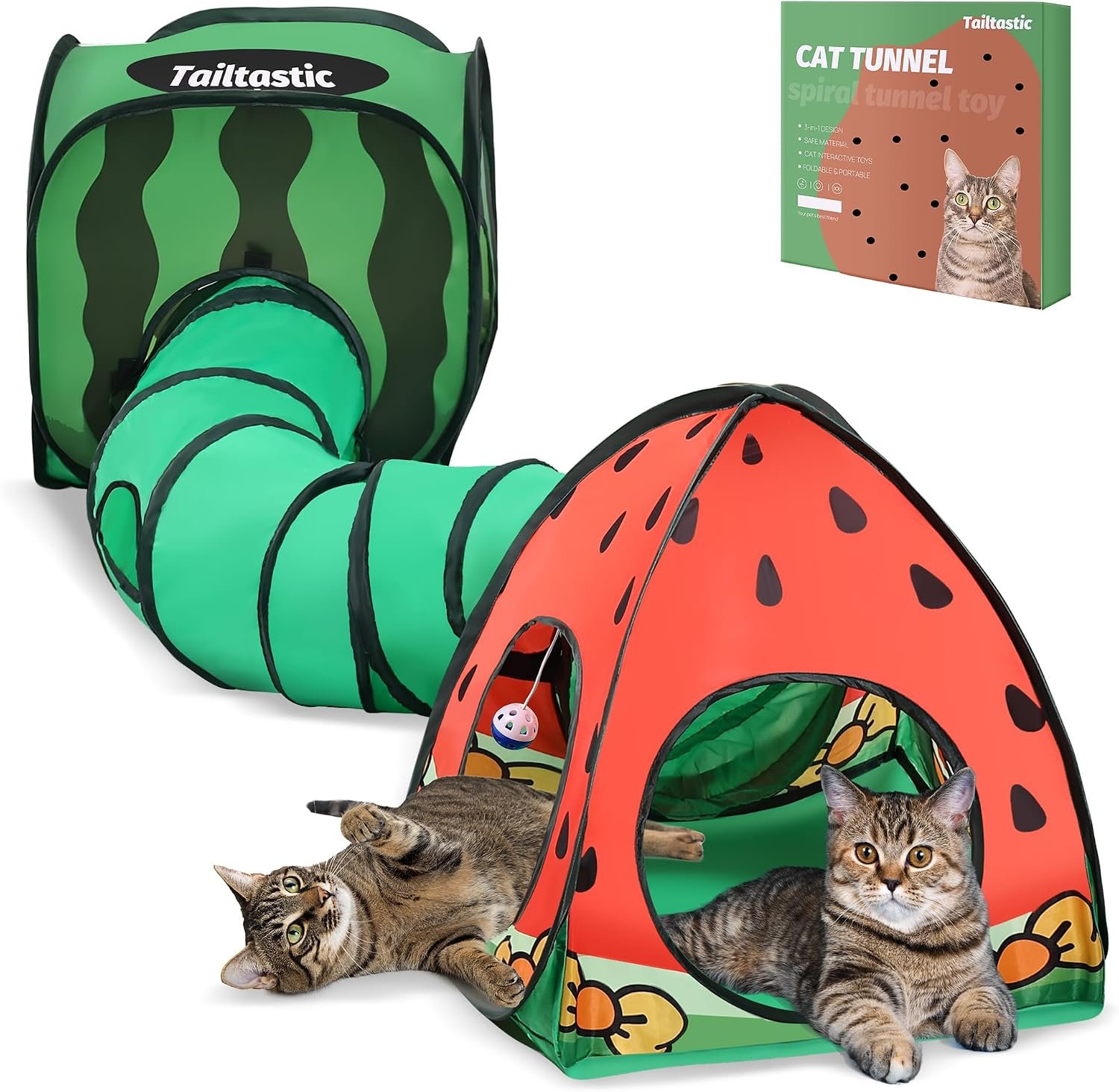 Tailtastic 3-in-1 Watermelon Cat Tunnel with Cube, Tent & Ball for Indoor