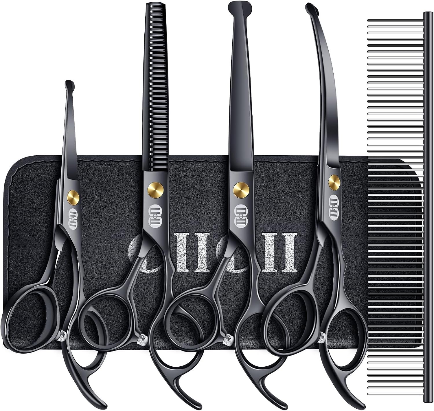 CIICII Dog Grooming Scissors Kit, 7 Inch Safety Pet Cat Shears Set (Black)