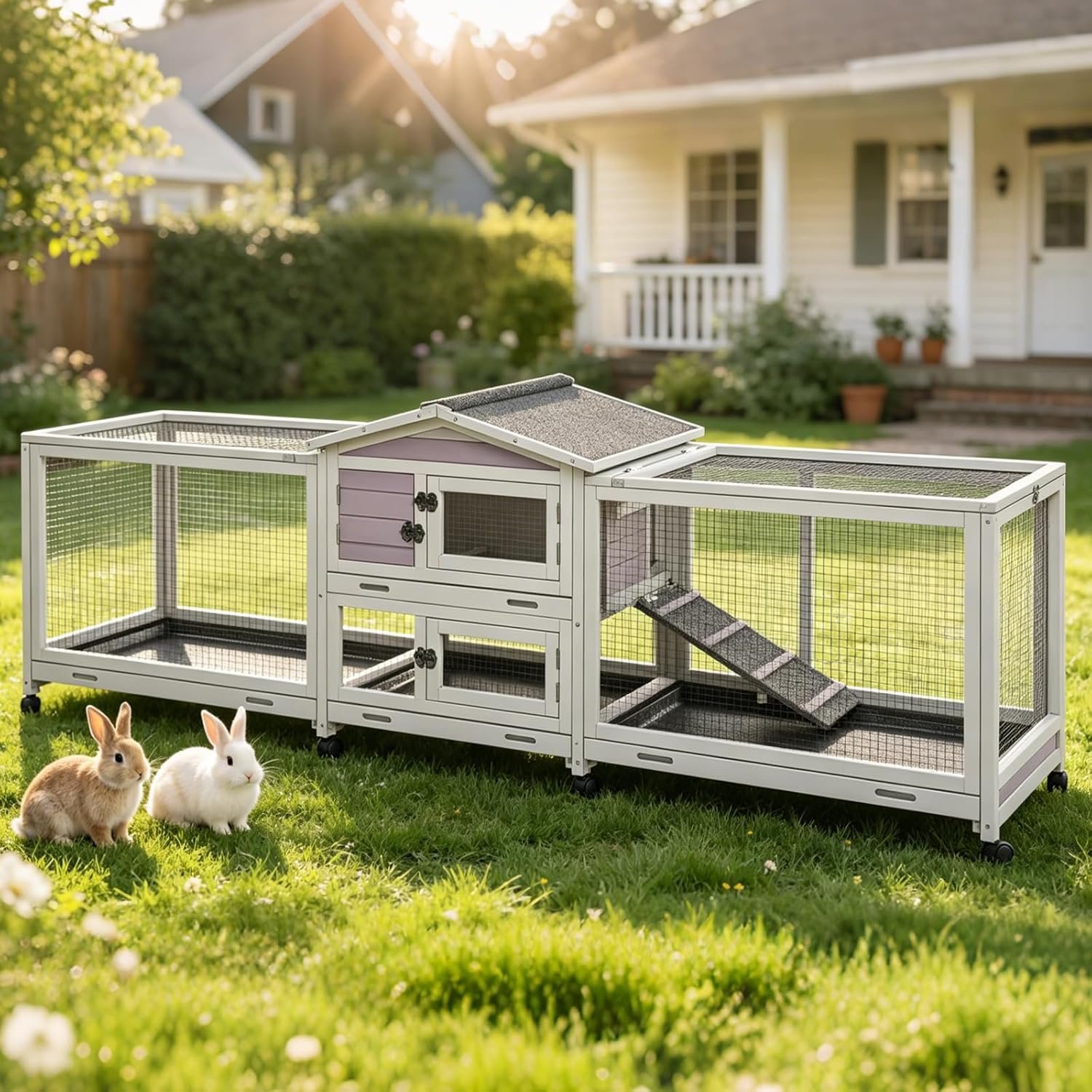 GUTINNEEN 2-Story Rabbit Hutch for 2-4 Bunnies – Wooden Guinea Pig Cage with Wheels, Pull-Out Trays & Waterproof Asphalt Roof, Indoor Outdoor