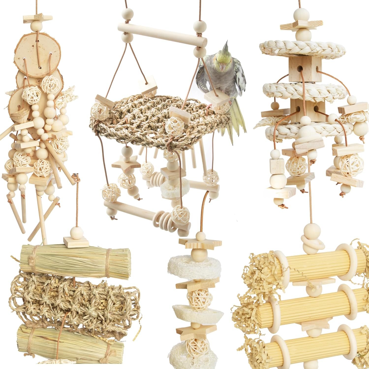6 Pcs Natural Bird Toys for Parrots – Seagrass Swing, Loofah, Wood & Corn Husk Chew Toy Set – Shredding Enrichment Kit for Small to Medium Cockatiels, Parakeets, Conures, Budgies