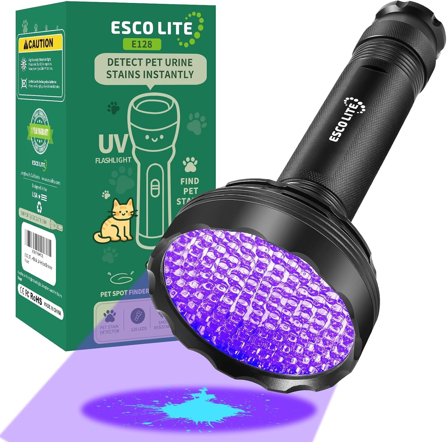 ESCO LITE UV Black Light for Pet Urine Detection 128LED for Cat and Dog Urine Stains Carpet Furniture Floor and Home Cleaning