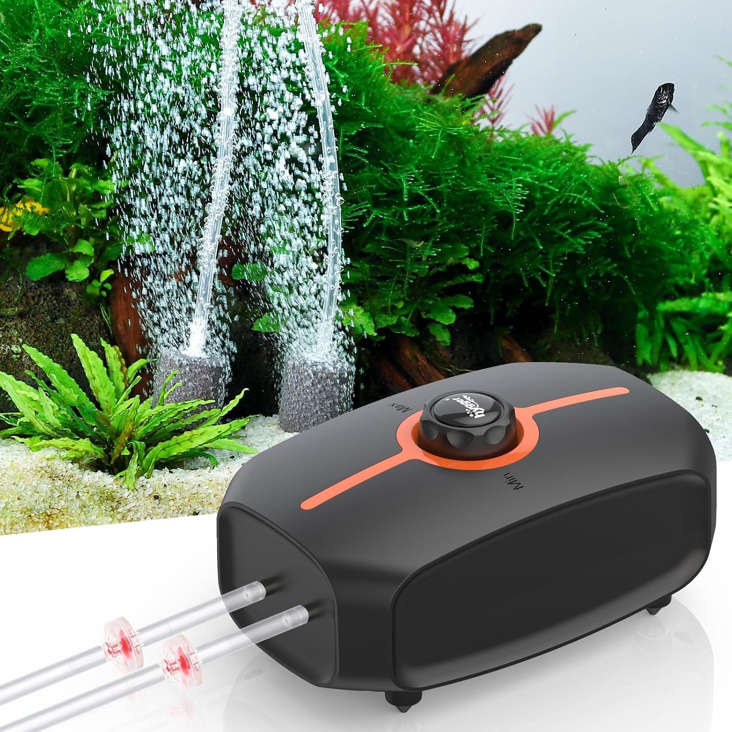 hygger Powerful Aquarium Air Pump, 3.5W/4.5W Ultra Quiet Fish Tank Air Pump Dual Outlet, Adjustable Oxygen Aerator Pump with Air Stone, Aquarium Bubbler for Fish Tank Up to 100-200 Gallon