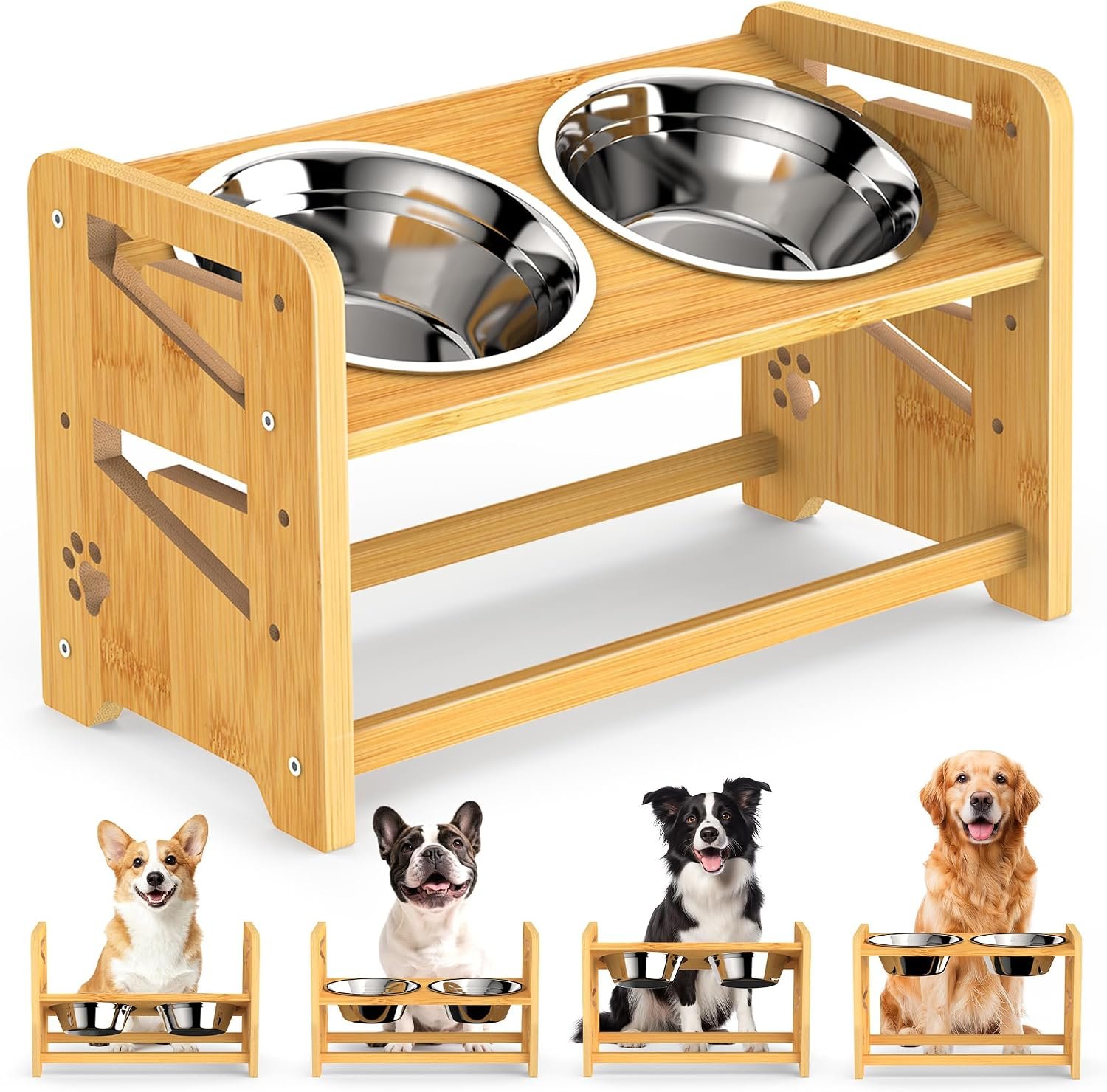 Elevated Dog Bowls, Adjustable Raised Dog Bowl Stand for Medium and Small Dog, 11″ High Bamboo Pet Food Feeder with 2 Stainless Steel Dishes（4 Heights）
