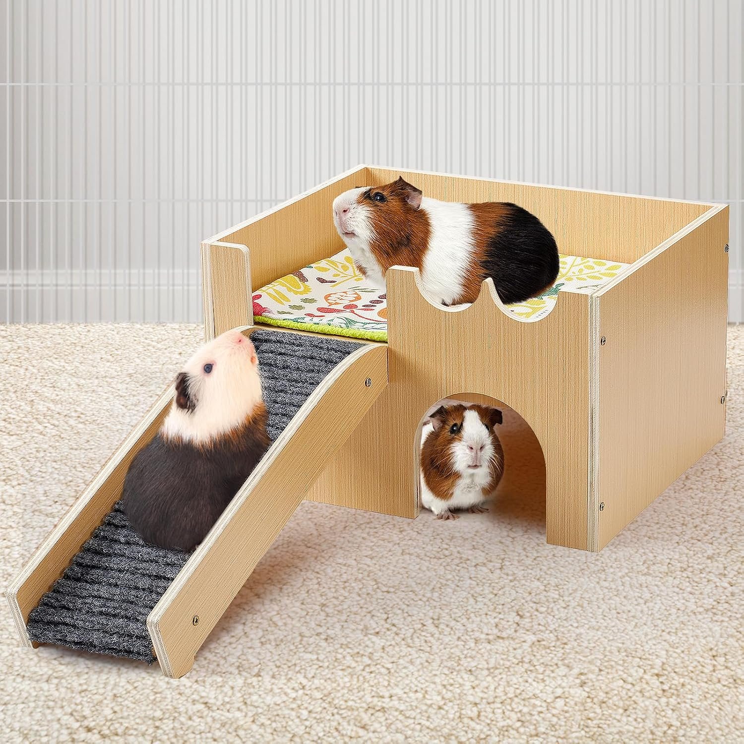 MEWTOGO Upgraded Sturdy Wooden Guinea Pig Castle with Stairs & Mat