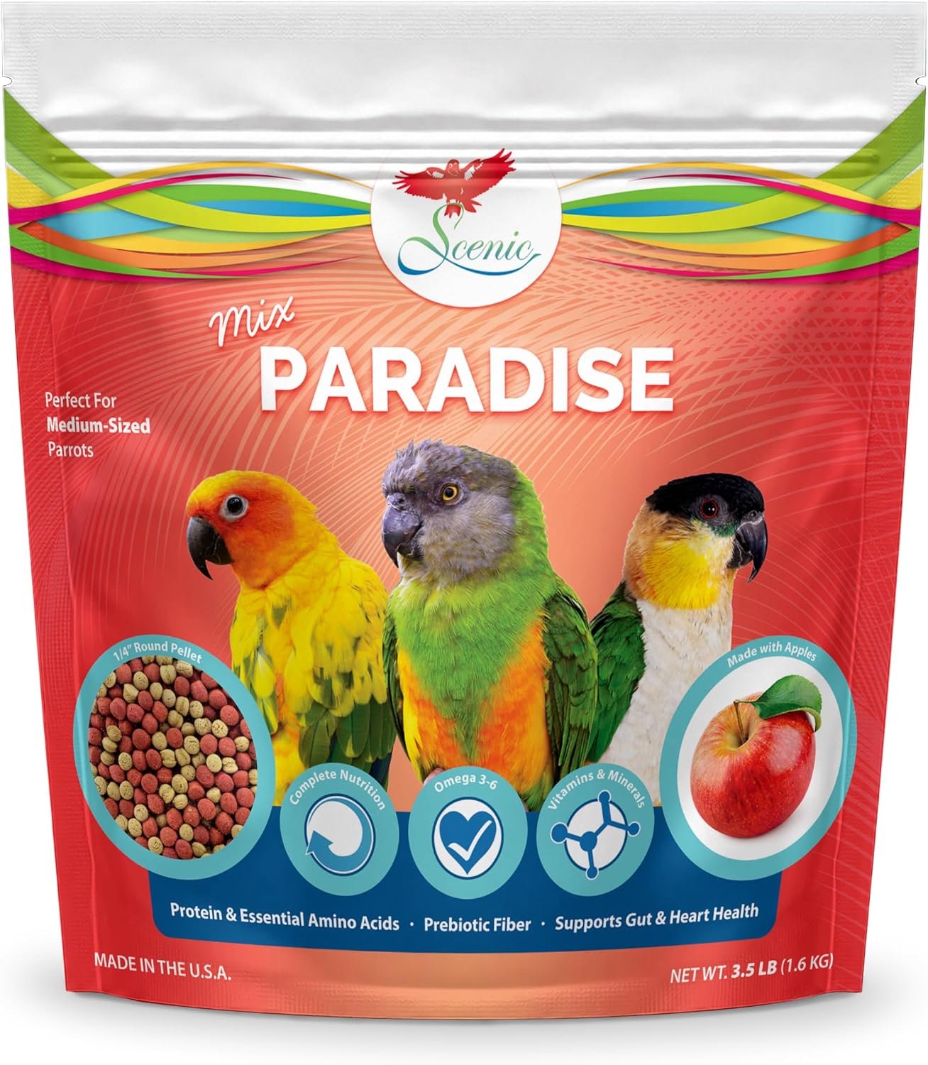 Scenic Mix Paradise Medium Parrot Food, 3.5 lb Bag – 1/4-inch Parrot Pellets for Sun, Jenday & Nanday Conures, Indian Ringneck, Pionus, Senegal & Caique Parrots – Complete & Balanced Nutrition