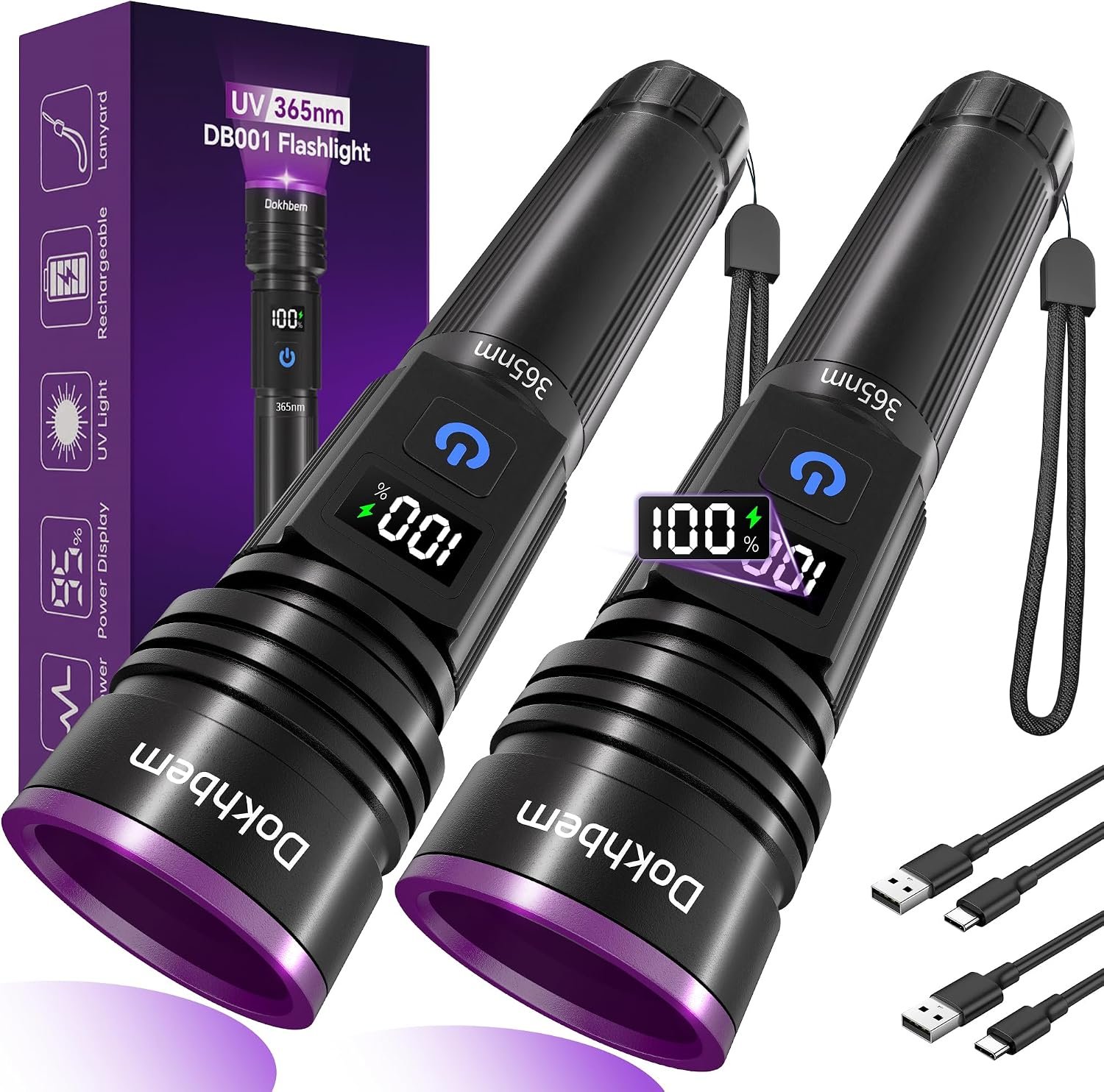 365nm UV Flashlight 2Pack Rechargeable Black Light for Pet Urine Detection