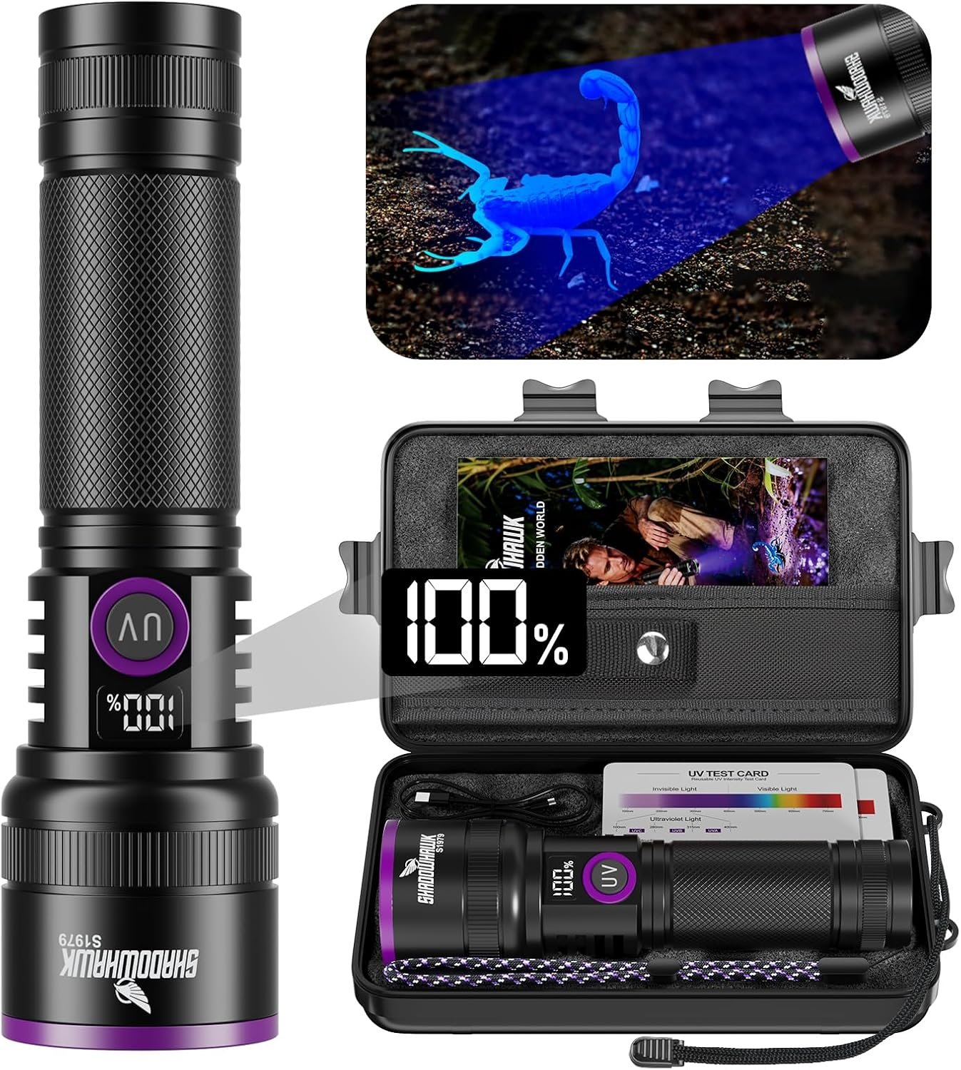 365nm UV Flashlight Rechargeable Black Light with Filter Lens & LCD Display