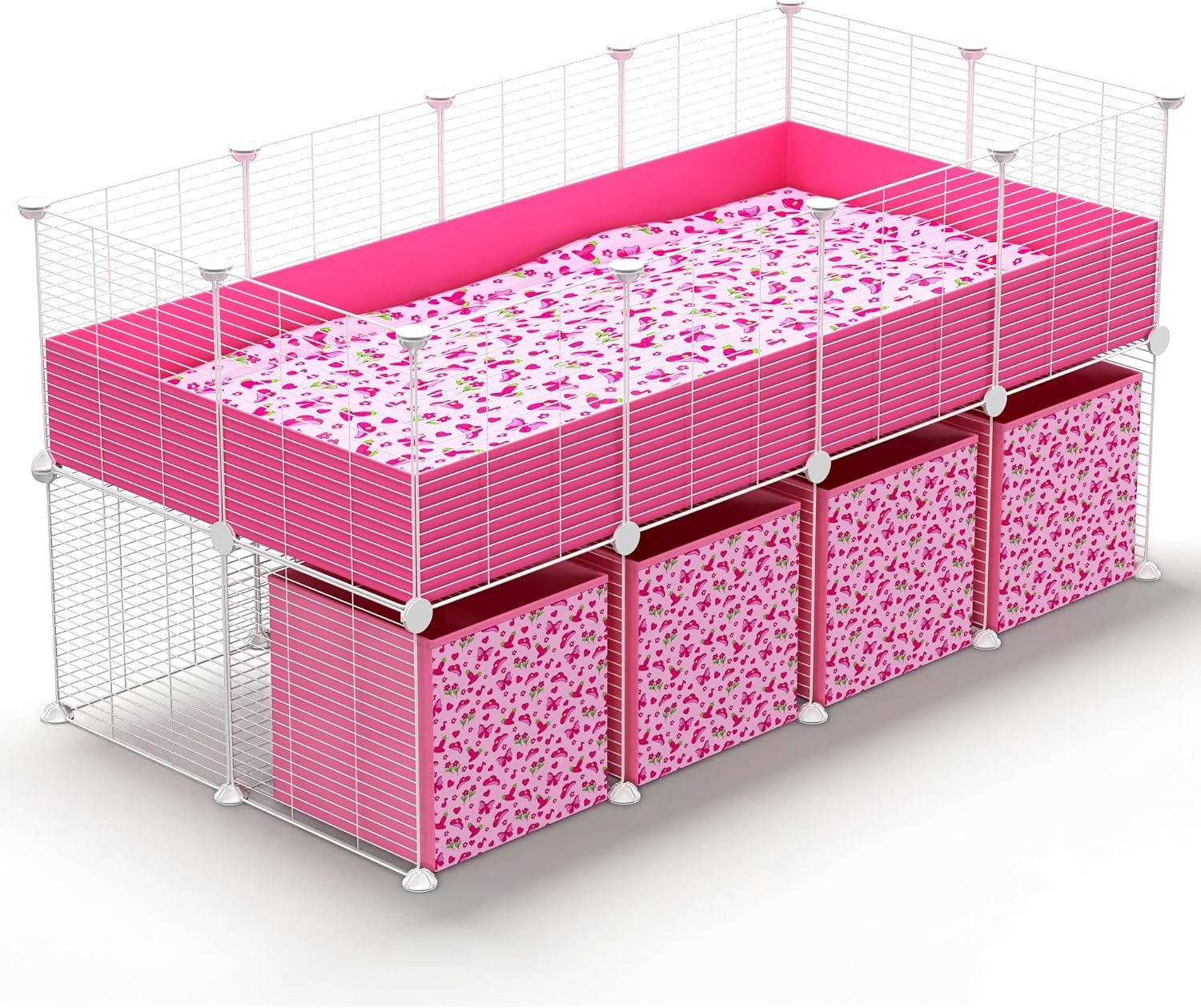 32 Panels 2×4 Pink C&C Cage for Guinea Pigs with Stand 56×28 in Space-Saving 5mm Waterproof coroplast Washable Fleece Liner and 4 Storage Boxes Small Animal Playpen Bunny Cage Hedgehog