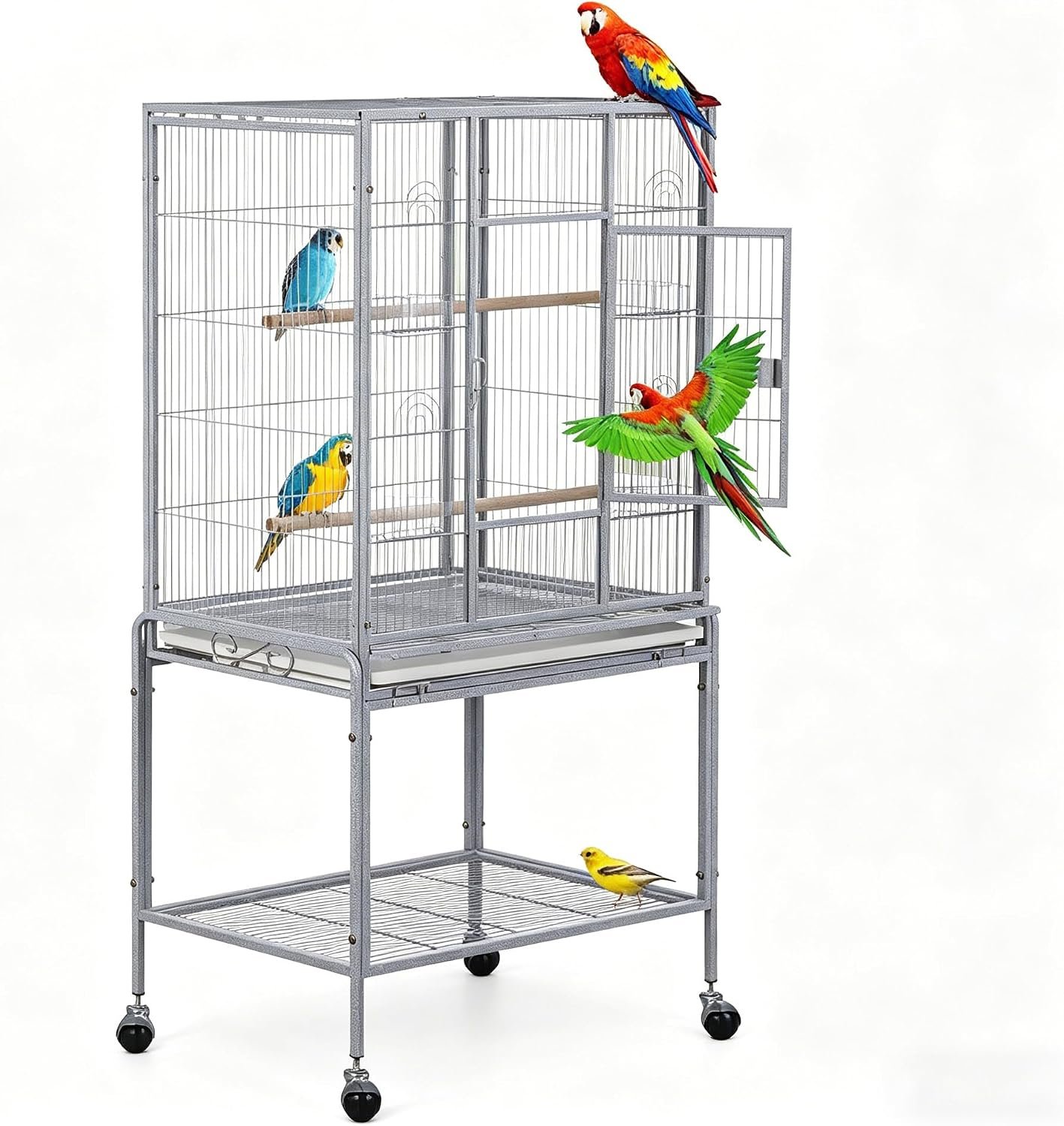 53 Inch Height Wrought Iron Standing Parrot Large Flight Bird Cage with Rolling Stand Birdcages for Parakeet Cockatiel Conure Lovebird Finch, White
