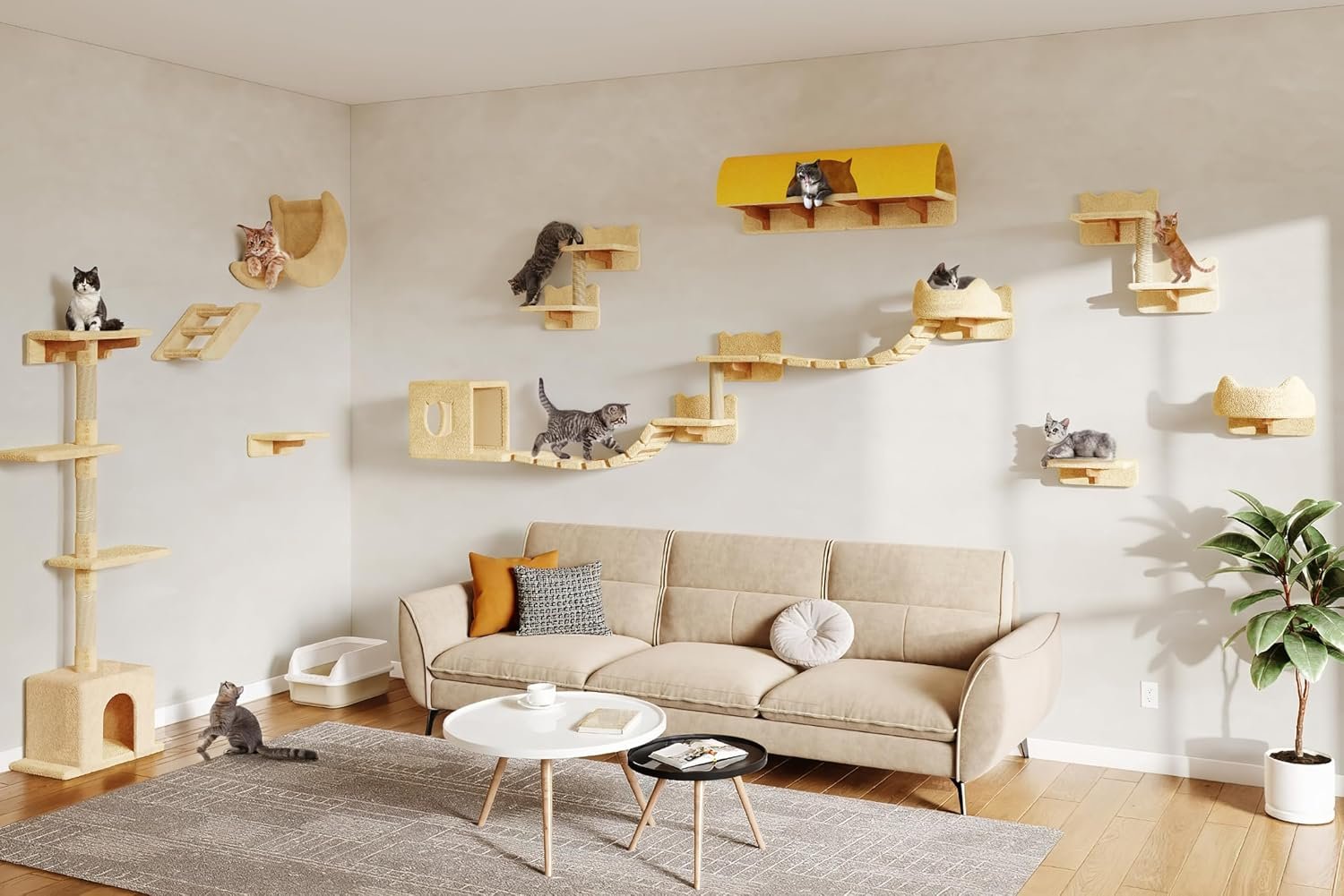 Cat Wall Furniture, 26 in 1 Cat Shelves w/Cat Tree, Tunnel, Beige