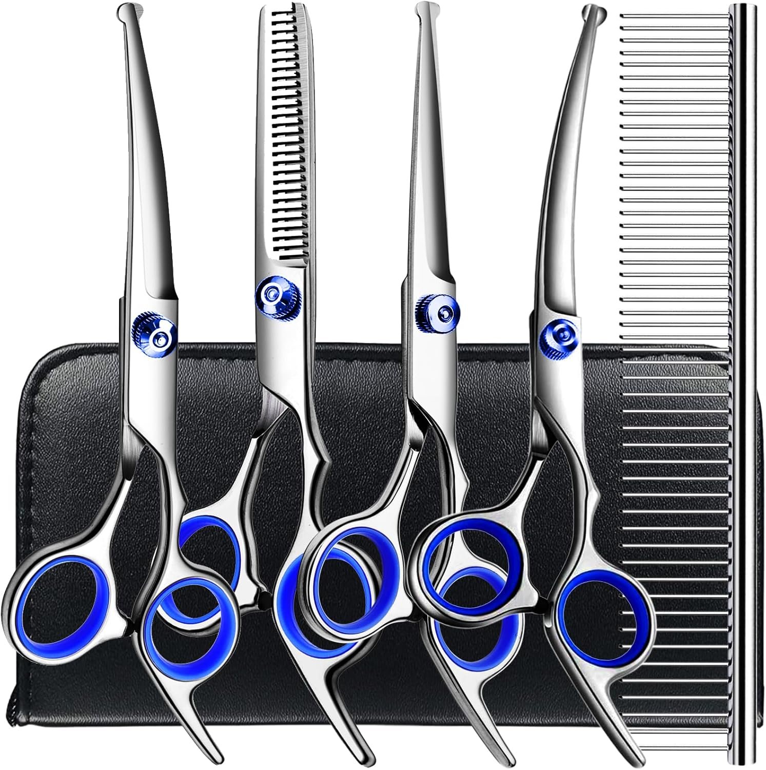 TINMARDA Dog Grooming Kit, Professional Stainless Steel Dog Grooming Scissors with Curved Shears, Blue Finger Rings – 5 Piece Sharp Durable Pet Shears for Dogs Cats At Home Salon-Quality Grooming