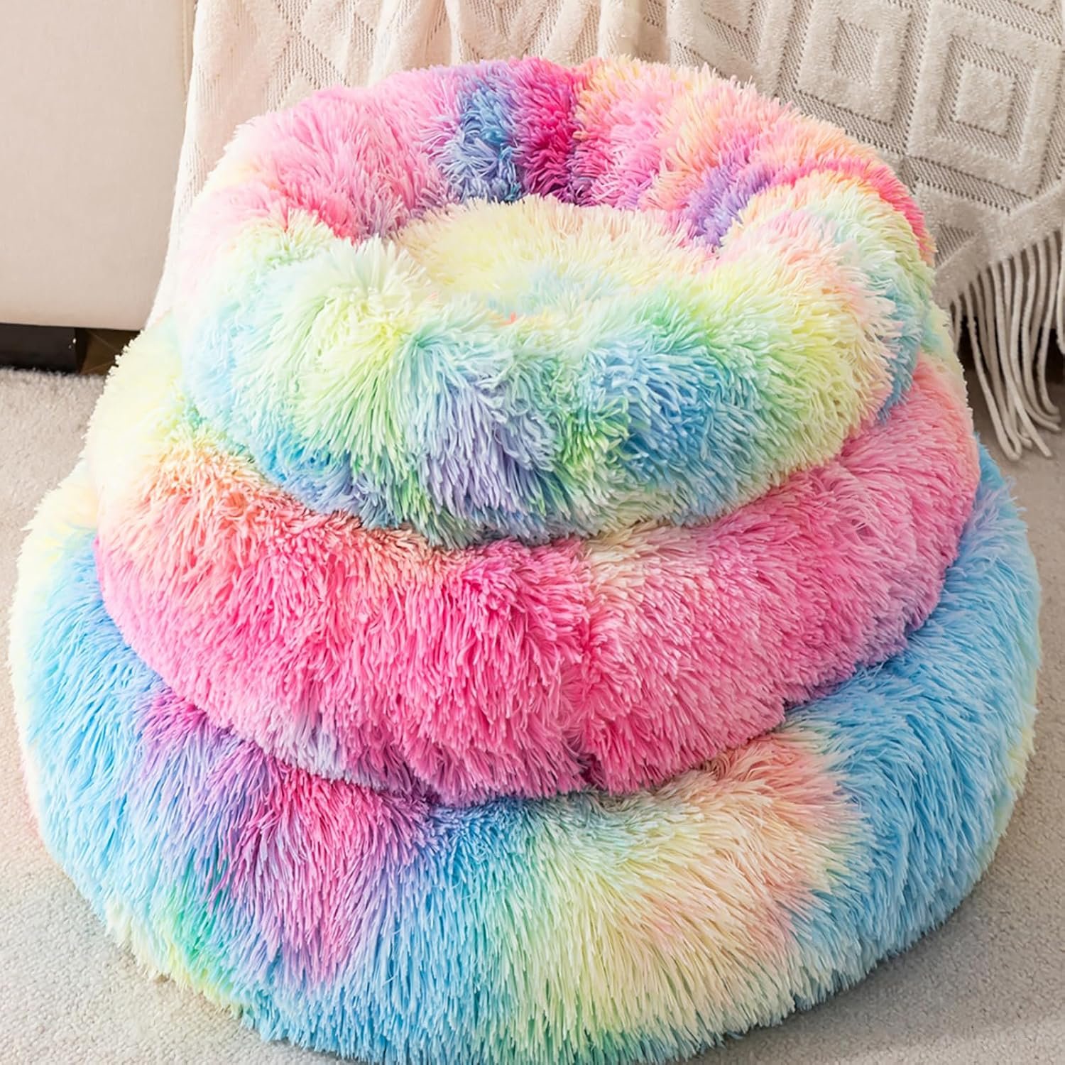Donut Dog Bed 50cm Cat Bed Round Plush Pet Cushion Fluffy Rabbit Cave Pet Beds Warm Cozy Anti Anxiety Beds Dog, Rainbow