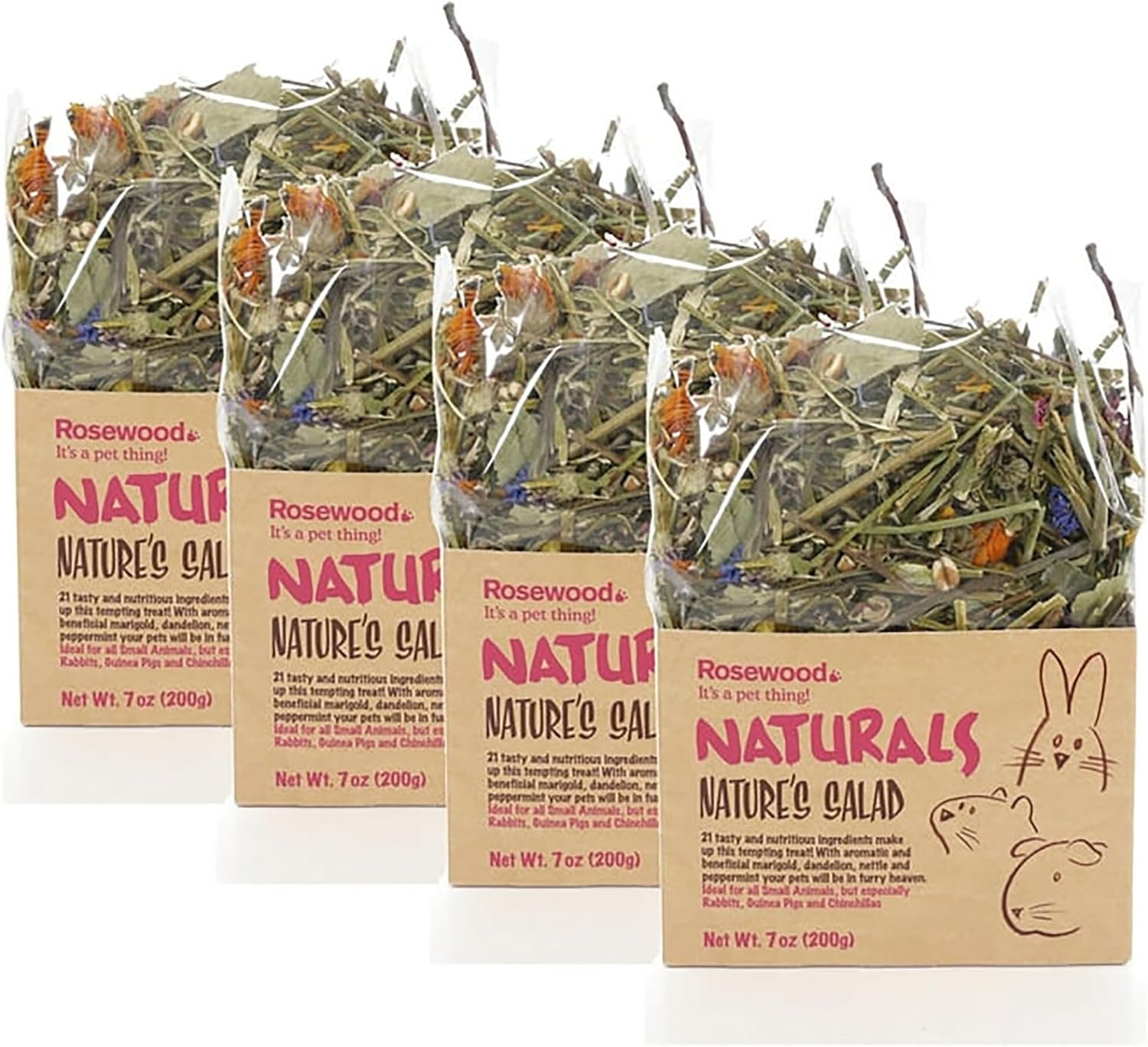 Rosewood Naturals: Nature’s Salad – 4 Pack, 7oz Bags – Small Animal Treat, Blends 21 All Natural Ingredients, Flower-Plant Mix, Rabbit-Guinea Pig-Pet