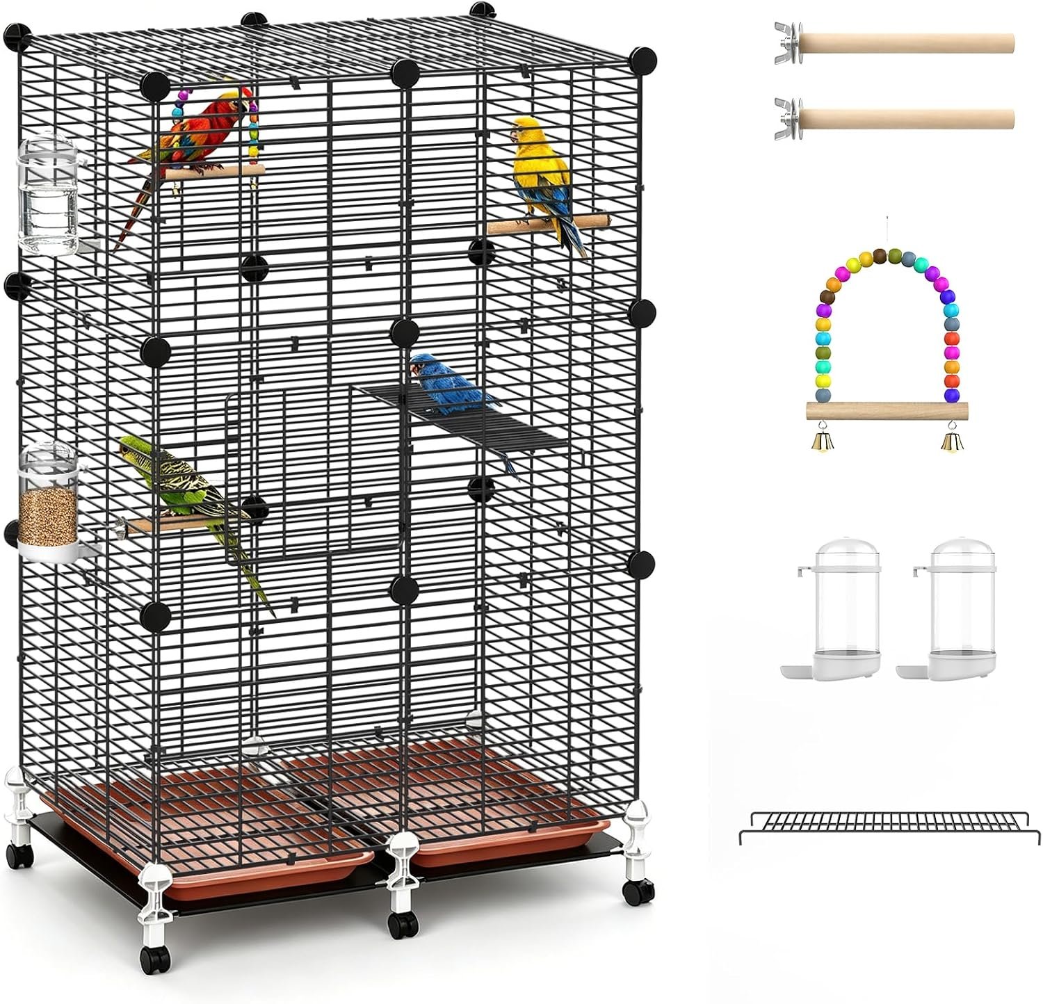Pawaboo Bird Cage, 24.2”L x 16”W x 41”H Flight Cage with Slide-Out Tray, Waterer & Feeder, 360° Movable Metal Breeding Bird Cages with Stand & Perch for Parrot Parakeets Cockatiel Lovebird Finch