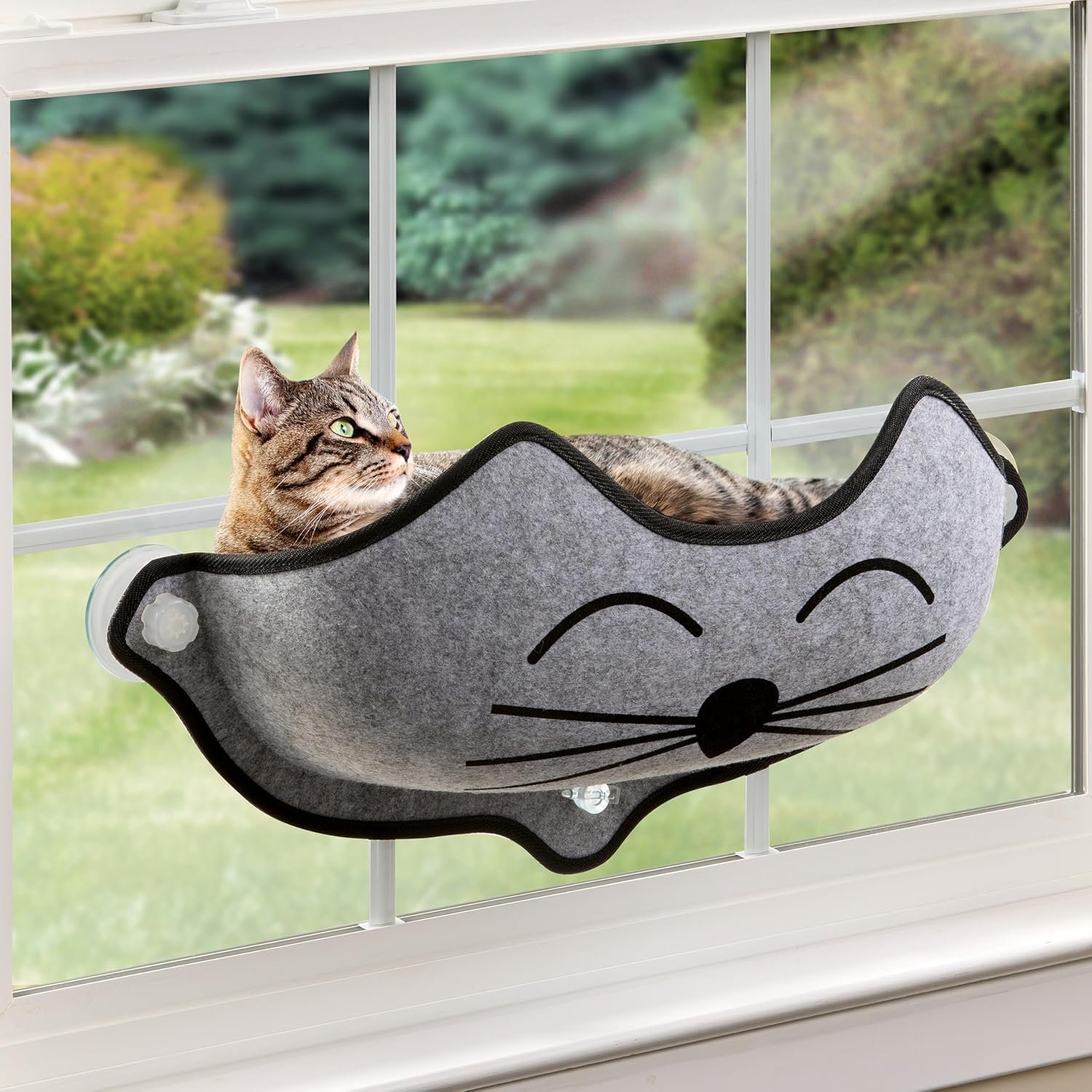 K&H Cat Window Perch Bed, EZ Mount Kitty Face, 27x11x6in, Gray