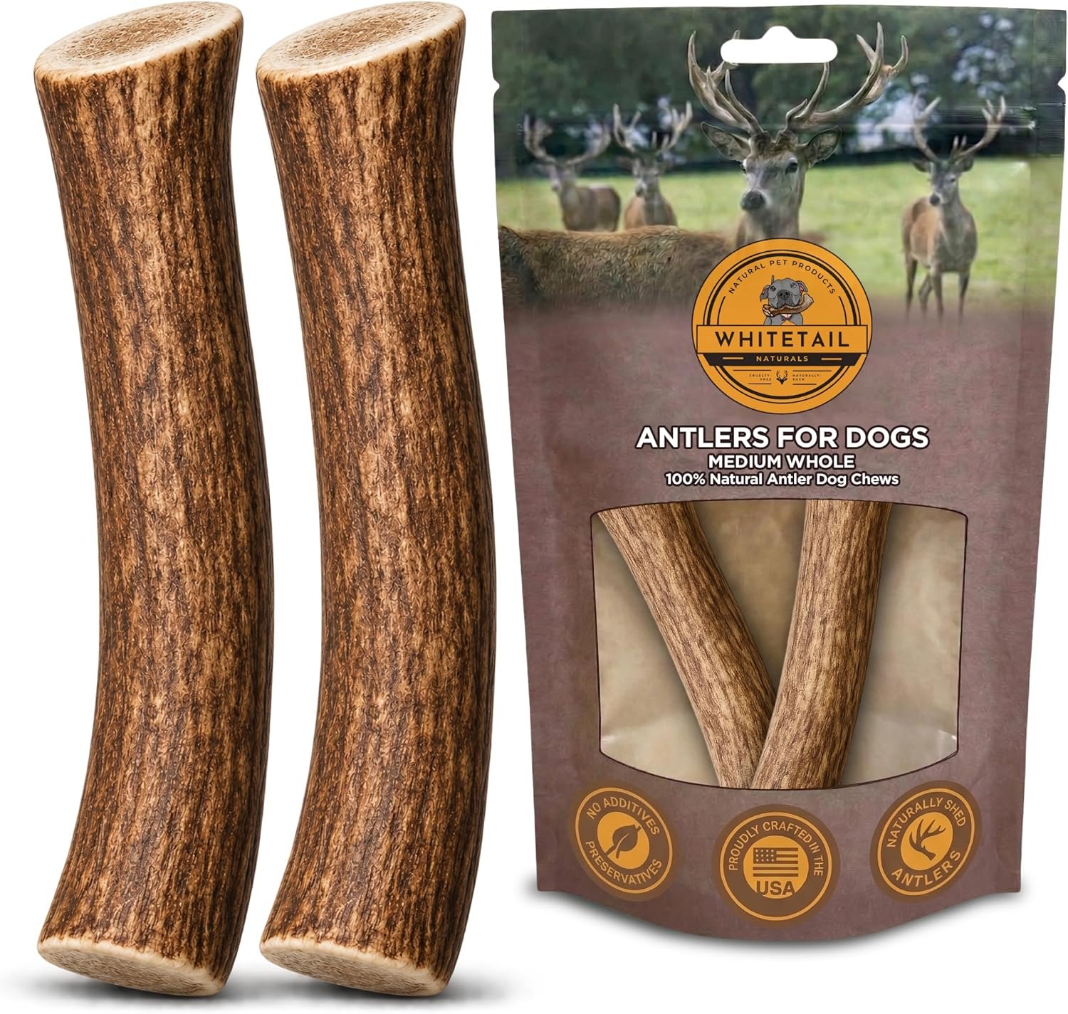 WhiteTail Naturals 2 Pack Whole Deer Antlers for Medium Dogs – 5-6 Inches