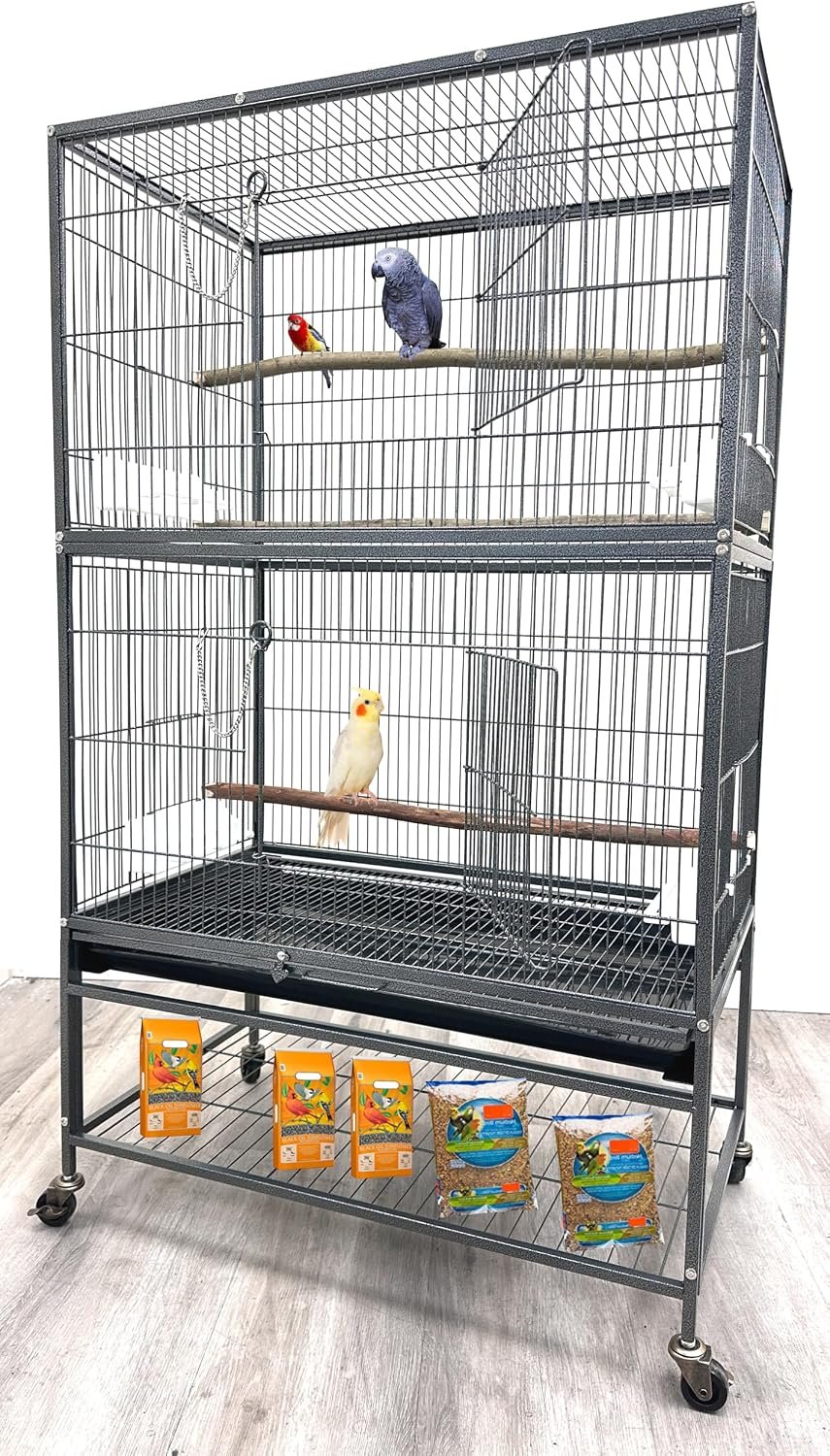 30.5″ Lx18.5 Wx52.5 H Sturdy Wrought Iron Bird Parrot Home Cage On Wheels