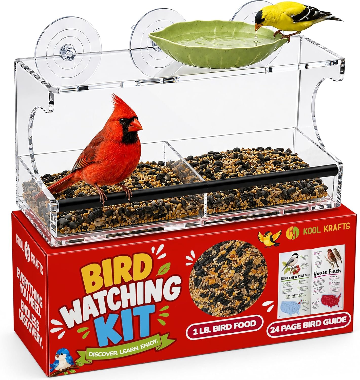 Kool Krafts Window Bird Feeder Kit for Kids & Families – Includes 1 lb USA Made Bird Food, 24-Page Educational Bird Guide Booklet, Removable Tray & Water Cup
