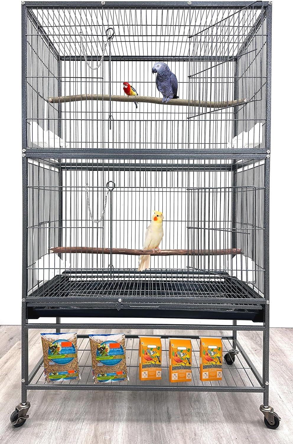 Extra Large Durable Wrought Iron Metal Bird Flight Parrot Breeder Home Cage with Double Large Front Doors 4 Side Pull Up Doors Rolling Stand Storage Shelf Lockable Wheels